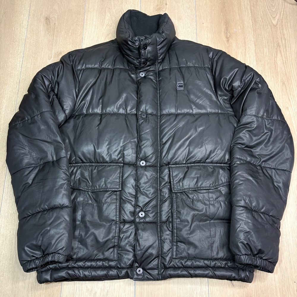 G-Star Raw Mens Black Quilted Puffer Jacket Full Zip Button Heavy Coat Large Y2K